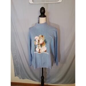 Quacker Factory; blue winter pullover sweater with Christmas theme.